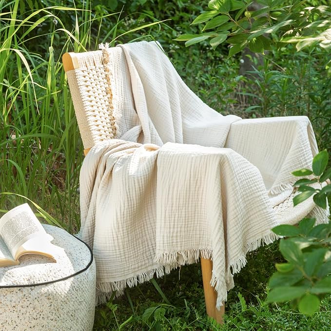 MooMee Muslin Blanket - 100% Cotton 4-Layer Gauze Throw Blanket with All-Around Fringe, Ultra-Soft Breathable Lightweight Cooling Decorative for Bed, Sofa & Couch (Beige,Throw XL 50" x 70")