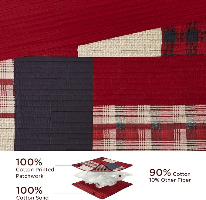 Woolrich Sunset Reversible Quilt Set - Cottage Styling Reversed to Solid Color, All Season Lightweight Coverlet, Cozy Bedding Layer, Matching Shams, Oversized Full/Queen, Plaid Red 3 Piece