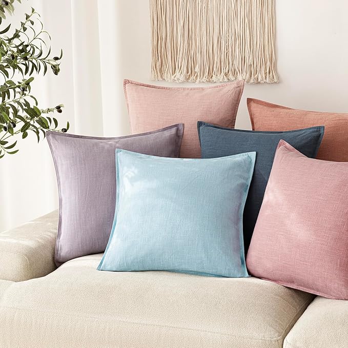 Foindtower Pack of 2, Decorative Linen Soild Throw Pillow Covers Soft Accent Euro Cushion Case Farmhouse Neutral Pillowcase for Chair Couch Sofa Bedroom Living Room Home Decor 22 x 22 Inch Light Blue