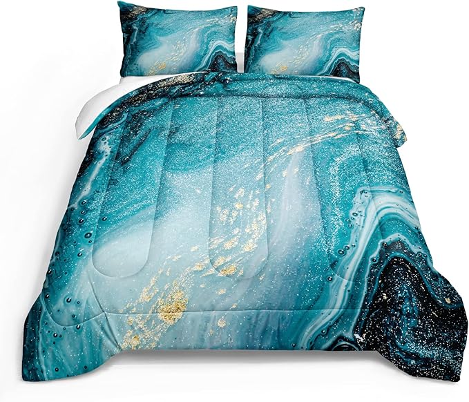 Bedbay Blue and Gold Marble Comforter Set Queen Size Teal Blue Bedding Boys Girls Queen Duvet Set 3 Pcs Modern Marble Texture Quilt Set Bedroom Guest Room Decor Soft Lightweight Comforter (Blue,Queen)