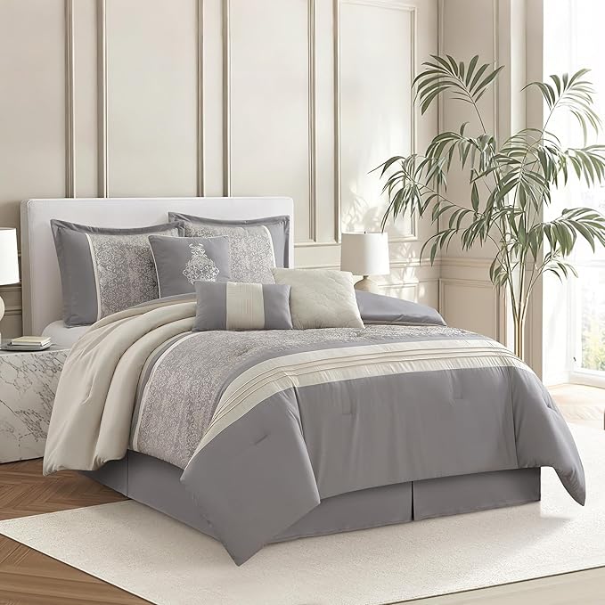Grand Avenue7 Piece Grey Comforter Set, California King Size, DamaskJacquard Home Decor, Matcking Bed Skirt, Decorative Pillows & Shams, All Season Cozy Bedding Set