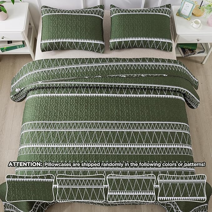 Andency Green Oversized Super King Quilt Set, 3 Pieces Boho Lightweight Soft Striped Bedspread for All Season (120"x120"), Printed Bohemian Microfiber Reversible Coverlet Comforter Sets