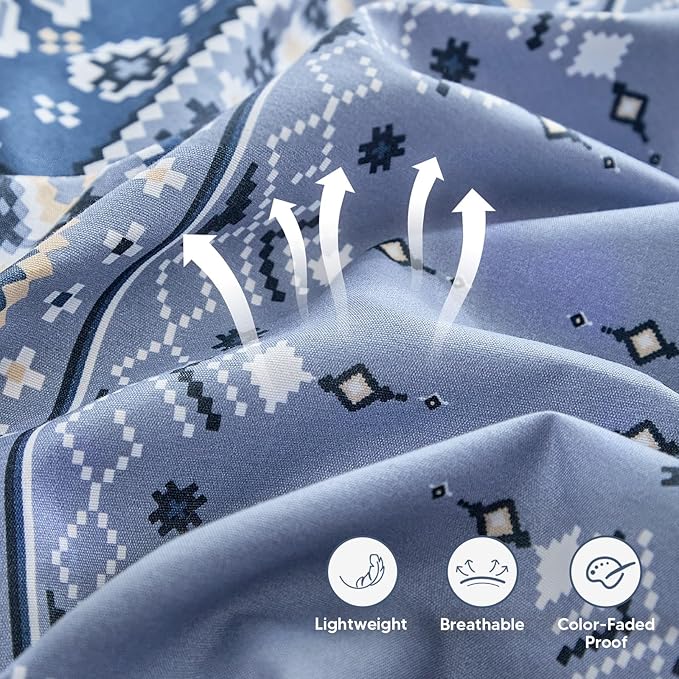 Lekesky Boho Duvet Cover Queen Size, Blue Comforter Cover Queen Size White Geometric Floral Printed Duvet Set, 3 Pieces Soft Microfiber Bedding Set with Zipper Ties (Queen, 90"x90")