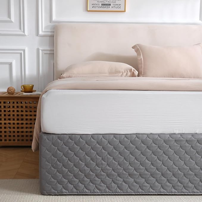 Queen Size Grey Bed Skirt with 14-Inch Drop, Easy Fit Wrap-Around Cover for Bed, Wrinkle-Free and Fade-Resistant Box Spring Cover. (Grey Seashells, Queen)