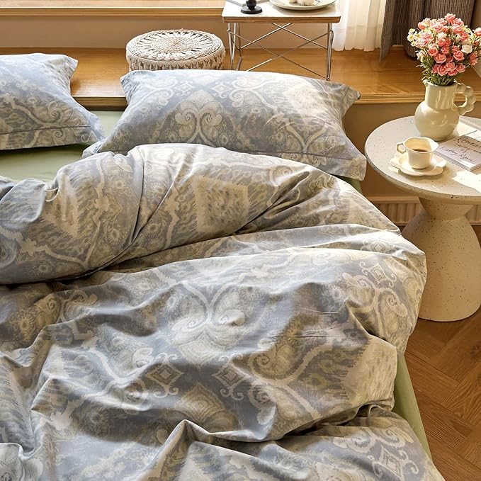 VM VOUGEMARKET Boho Duvet Cover Set Queen,Blue Gray Duvet Cover Matching 2 Pillow Shams,Retro Lightweight Bedding Set for Teens Adults