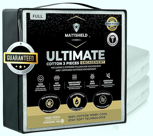MATTSHIELD Ultimate 3-Piece Kit - Bed Bug-Proof Mattress Cover Full Size 100% Cotton Top + 2 Pillow Protectors with Zipper - 6 Sided Waterproof Encasement, Total Defense Kit