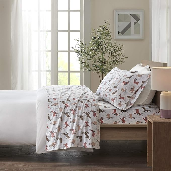 Sleep Philosophy True North Cozy Flannel Warm 100% Cotton Sheet - Novelty Print Animals Stars Cute Ultra Soft Cold Weather Bedding Set, King, Reindeer 4 Piece