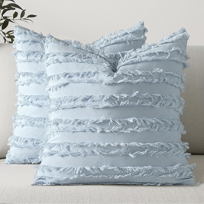 MIULEE Set of 2 Decorative Boho Throw Pillow Covers Linen Striped Jacquard Pattern Summer Cushion Covers for Sofa Couch Living Room Bedroom 20x20 Inch Light Blue