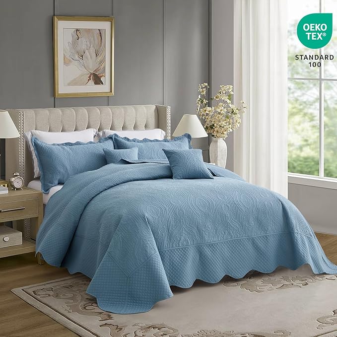 HZ & HY Oversized King Bedspread 138x122 Extra Wide, Ultrasonic Coverlet Bedding Set, Lightweight Thin Comforter, Reversible, 5 Piece, 100% Microfiber, California/Alaskan King, Ashley Blue