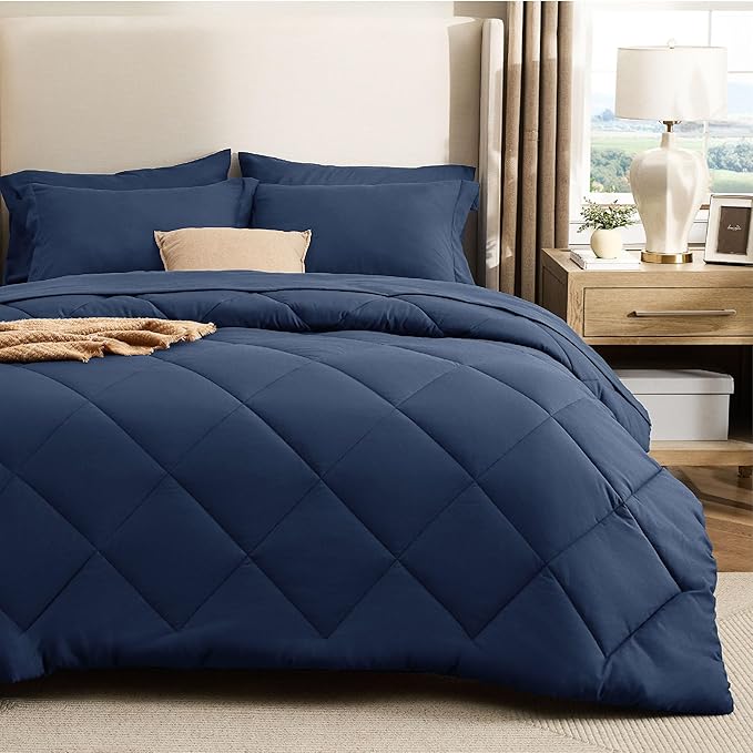 Bedsure 7 Pieces Queen Comforter Set Premium Series, Hotel Luxury Soft Bed in a Bag, Goose Down Alternative, Safe for Sensitive Skin Bedding Comforter All Season Medium Warmth, Navy Blue Queen Size
