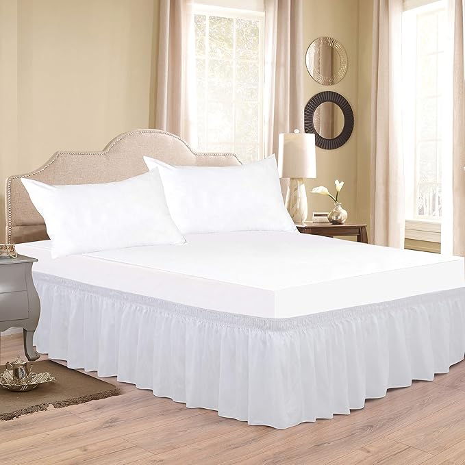 Wrap Around Bed Skirts Elastic Dust Ruffles, Easy Fit Wrinkle and Fade Resistant Silky Microfiber Fabric Solid Color Bedskirt, 12 Inch Tailored Drop White for Short Queen Size Bed Skirt