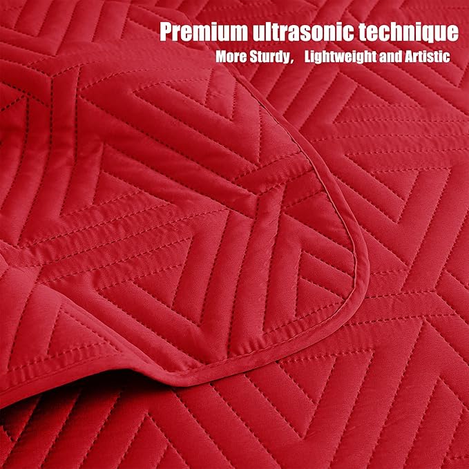 Whale Flotilla Soft Twin Size Quilt Set for All Seasons, 2-Piece Ultrasonic Geometric Quilts Bedding Set, Lightweight Reversible Bedspread, Coverlet, Bed Cover with Pillow Sham, Red