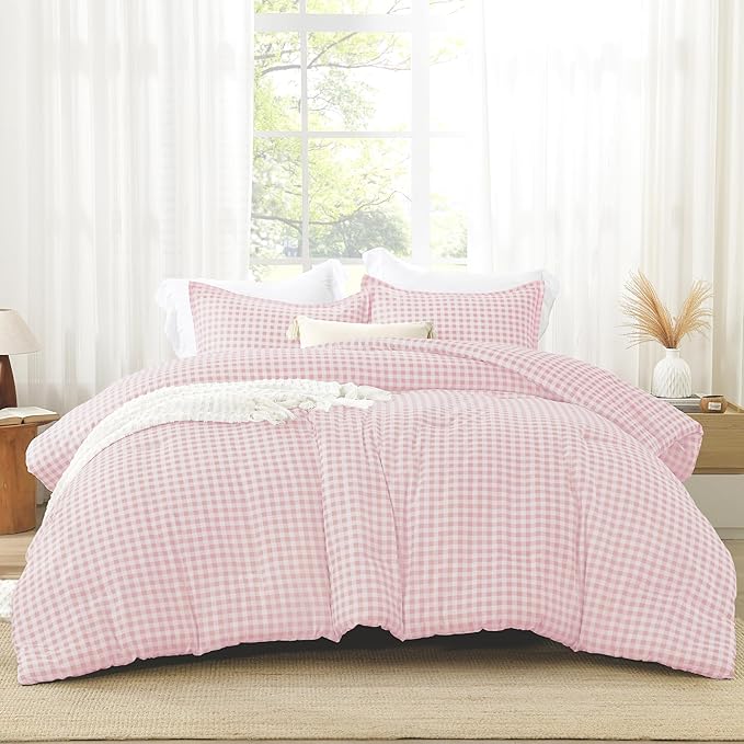 Andency Pink Gingham Comforter Set Full(79x90Inch), Blush Checkered Grid Plaid Buffalo Bed Set for Girls Boys Kids Teens, 3 Pieces Lightweight Microfiber Geometric Preppy Bedding