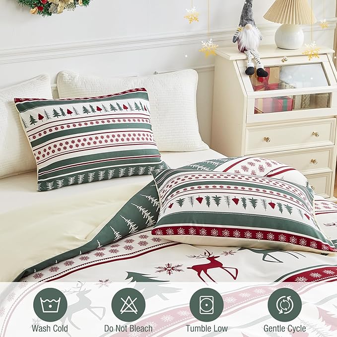 Lekesky Christmas Duvet Cover King Size,3 Pieces Reversible Green Christmas Reindeer Snowflake Holiday Bedding Set with Zipper Closure and 8 Corner Ties(1 Duvet Cover 104×90 inches + 2 Pillowcases)