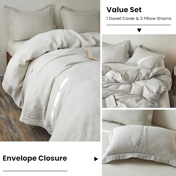 Simple&Opulence 100% Linen Duvet Cover Set with Crossed Embroidery Washed - 3 Pieces (1 Duvet Cover with 2 Pillow Shams) Soft Breathable Farmhouse - Linen, Queen Size