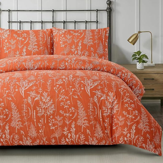 Lekesky Floral Duvet Cover Queen Size, Burnt Orange Queen Duvet Cover Plant Flowers Pattern Bedding Set for All Season, Soft Breathable Duvet Cover with Zipper Closure & Corner Ties