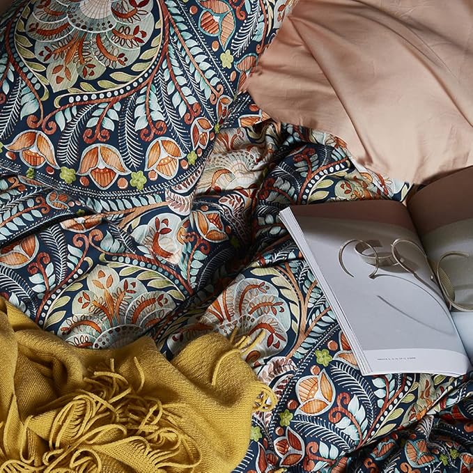 Cupocupa King Duvet Cover Set - 3pc Dark Navy Paisley Boho Bedding - Luxury Art Deco Floral Botanical Print, Soft Microfiber Reversible Quilt Cover with Pillowcases (King, 104"x90")