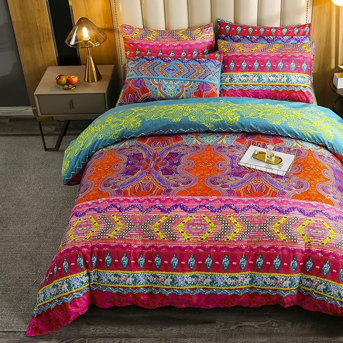 Feelyou Bohemian Duvet Cover Sets 3 Pieces Exotic Style Bedding Cover Set Boho Bedding Set Bedspread Cover Printing Microfiber Comforter Cover Boho Pattern Full Size Zipper
