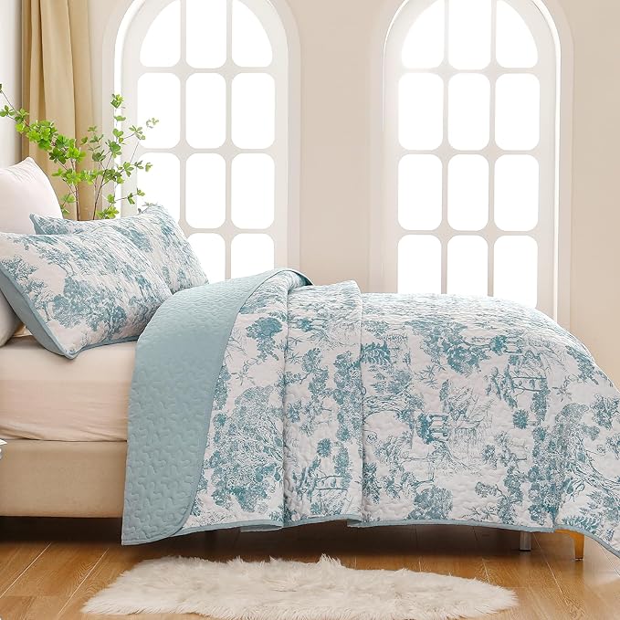 WONGS BEDDING Botanical Quilt Set King Size, Blue 3 Pieces Toile Floral Plants Printed Bedspread Bedding Set Soft Lightweight Microfiber Coverlet Set for All Season (104"x90")