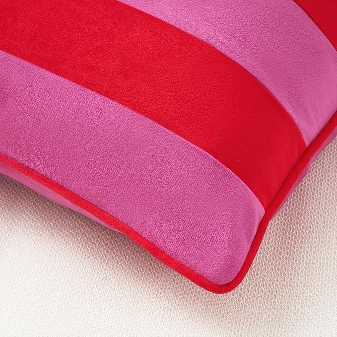 MONDAY MOOSE Decorative Throw Pillow Covers Cushion Cases, Set of 2 Soft Velvet Striped Piping Edge Designs, Pillow Inserts Not Included (16x16 inch, Hot Pink/Red)