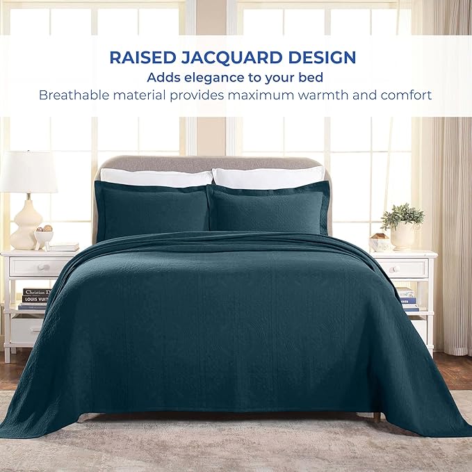 Superior Cotton Fleur De Lis Bedspread Set, Warm Blankets, All-Season Bedding, Bedroom Decor, Decorative Boho Medallion Coverlet, Includes 1 Bedspread, 2 Pillow Shams, Queen, Deep Sea