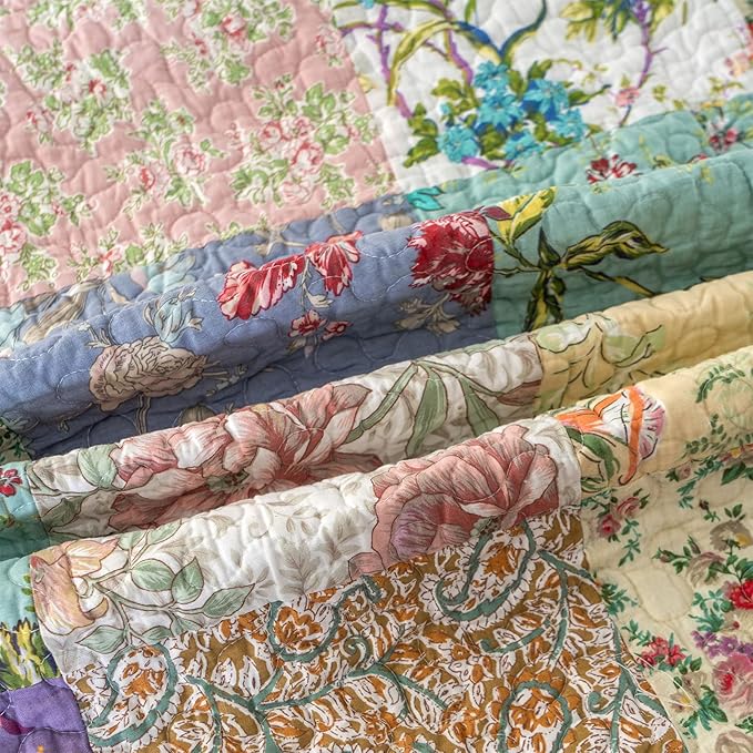 YAYIDAY Quilts Queen Size Patchwork Bedspread Set - 100% Cotton Reversible Breathable Floral Quilted Quilt with Pillow Shams Fit All Season