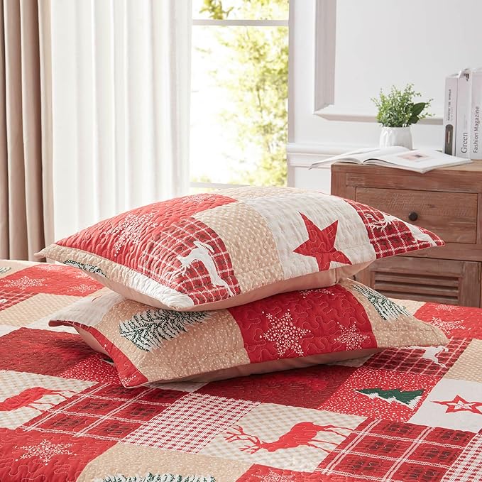 LEAONME Christmas Quilt Set 3-Piece King Size Bedspread Coverlet 98''x106'' Lightweight Patchwork Oversized Bedding Set with 2 Pillow Shams for All Seasons