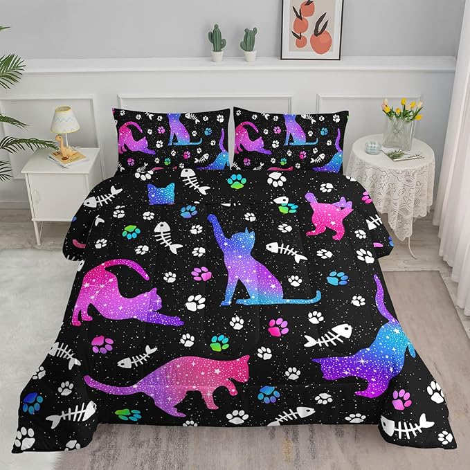 Cute Cat Comforter Kids Bedding Set Full,3Pcs Soft Paw Fish Bone Print Quilt Set Bed in A Bag with 1 Comforter 2 Pillowcases for Kids Boys Girls Teens Adults Room Decor All Season Gradient Blue