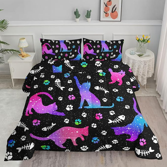 Cute Cat Comforter Kids Bedding Set Full,3Pcs Soft Paw Fish Bone Print Quilt Set Bed in A Bag with 1 Comforter 2 Pillowcases for Kids Boys Girls Teens Adults Room Decor All Season Gradient Blue