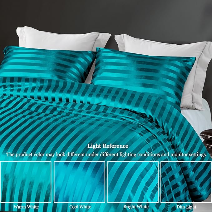 Whale Flotilla 2-Piece Reversible Silky Soft Twin Size Comforter Set, Luxury Stripe Satin Comforter Bedding Set with Satin Pillowcase, Lightweight Duvet Set for All Seasons, Turquoise