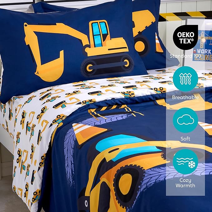 Joiedomi Kid Twin Comforter Set 5 Piece Construction Vehicle Bedding Set for Boys Girls Super Soft Microfiber Bed in a Bag with Comforter Sheets Pillowcase Sham
