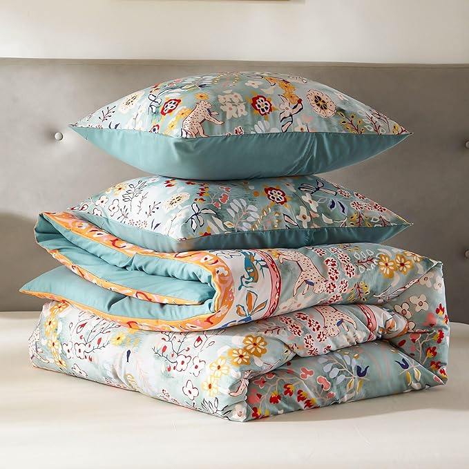 Cupocupa Bohemian King Duvet Cover Set, Vintage Floral Animal Print Bedding with Reversible Teal Lining, Zipper Closure & Corner Ties, Soft Breathable Light Blue Colorful Comforter Cover for Bedroom