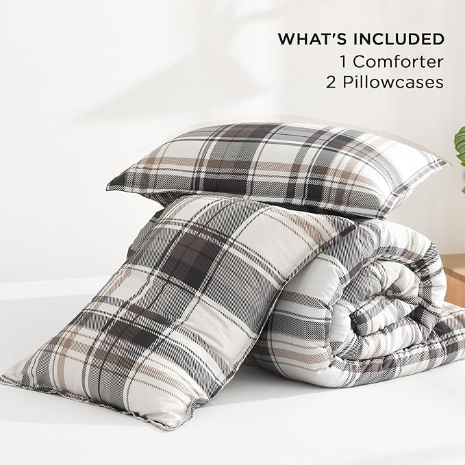 Andency Gray Brown Black Plaid Comforter Set Queen(90x90Inch), 3 Pieces Grid Gingham Stripes Bedding Comforter Sets for Boys Girls Kids Teens, Preppy Geometric Line Soft Lightweight Reversible Bed Set