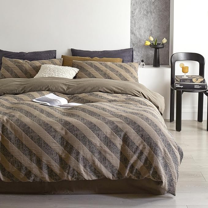 VM VOUGEMARKET Khaki Grey Striped Duvet Cover Queen Linen Cotton Bedding Set Jacquard Diagonal Stripes Duvet Cover Set Without Filling 90x90 Inch