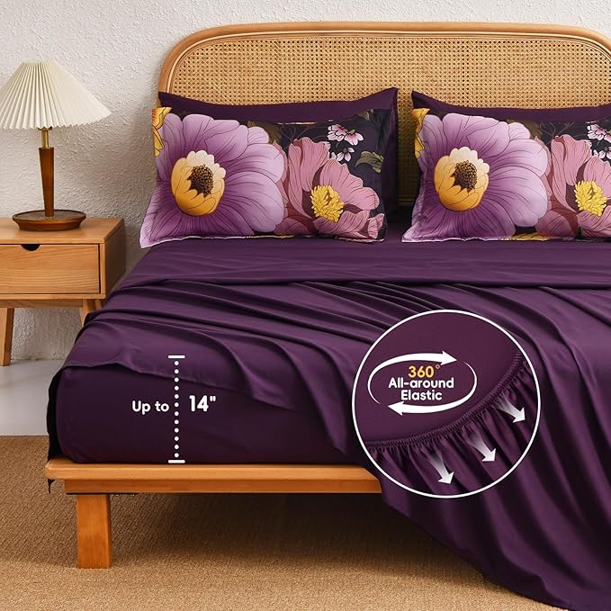 Xruibed Dark Purple Floral Comforter Set Queen Size 7 Pieces Bed in a Bag Flower Bedding Sets Lightweight Boho Bed Set with Sheet,Pillowcases&Shams for All Season