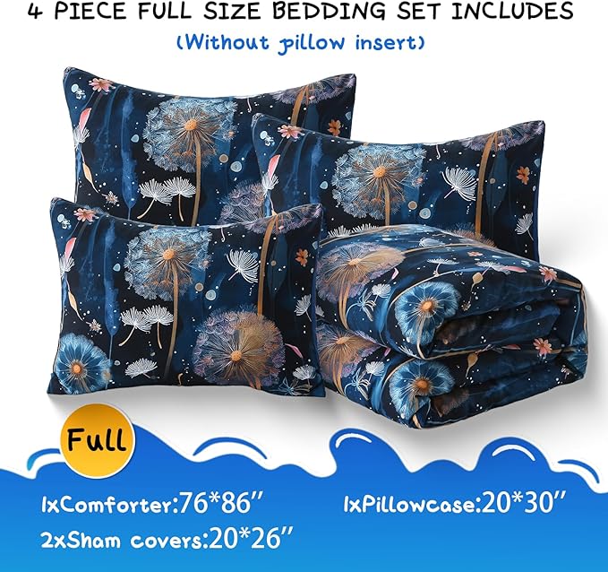 Glow in The Dark Kids Comforter Set, 4 Pieces Blue Dandelion Bedding Set Full Size for Boys Girls Teen, 1 Comforter, 1 Pillowcase, 2 Pillow Shams