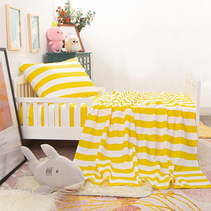 NTBAY Toddler Sheet Set - 3-Piece Microfiber Crib Sheet Set - Flat Sheet, Fitted Sheet, Pillowcase - Solid Toddler Bedding, Yellow and White Stripe