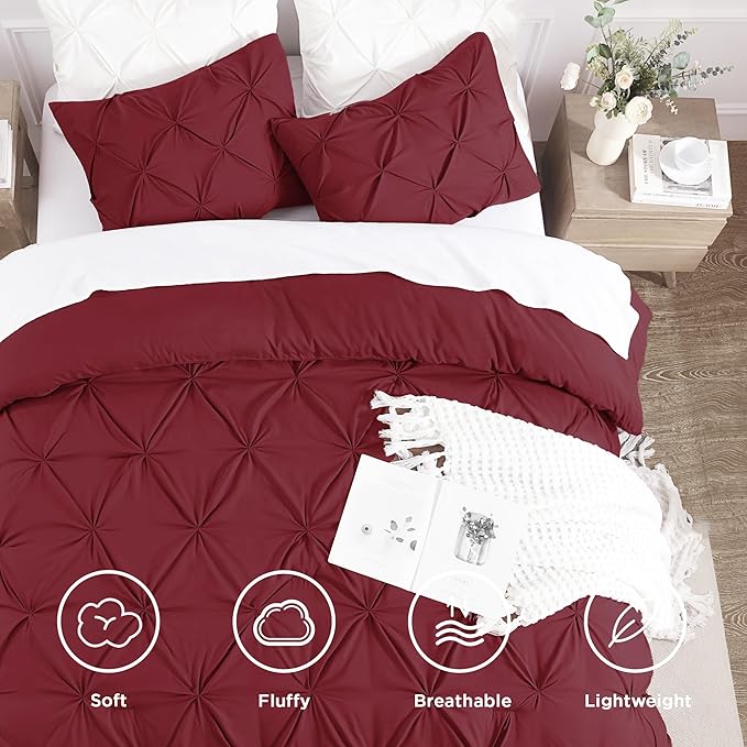 Andency Burgundy Comforter Set Oversized Queen(98x98Inch), 3 Pieces Comforter for Girls Kids, Soft Microfiber Pinch Pleat Comforter Set, All Season Lightweight Bedding Set