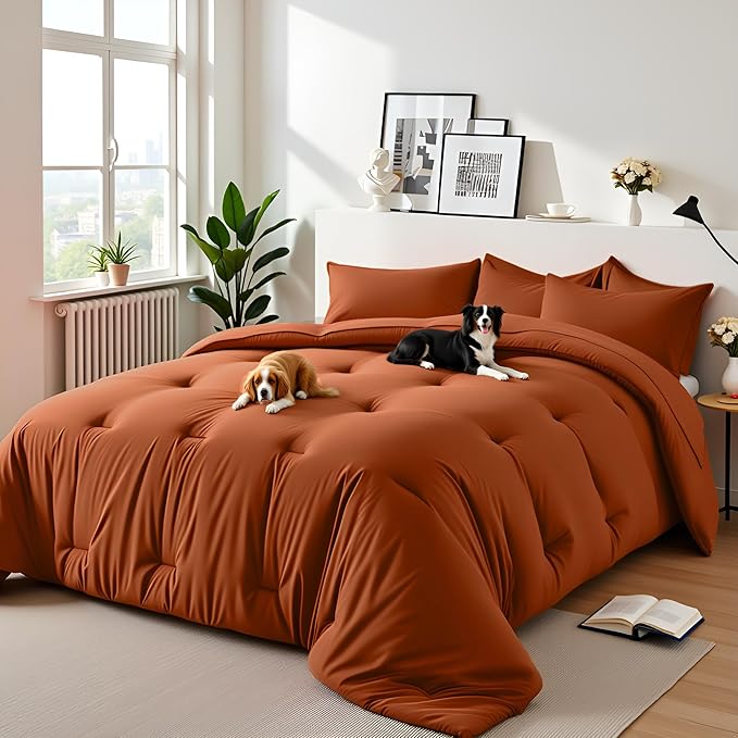 California King Size Comforter Set 7 Pieces - Soft Bed in a Bag King Bed Set, Cozy Luxury Bedding Sets with All Season Comforter, Flat Sheet, Fitted Sheet, 2 Pillowcases & 2 Shams, Orange