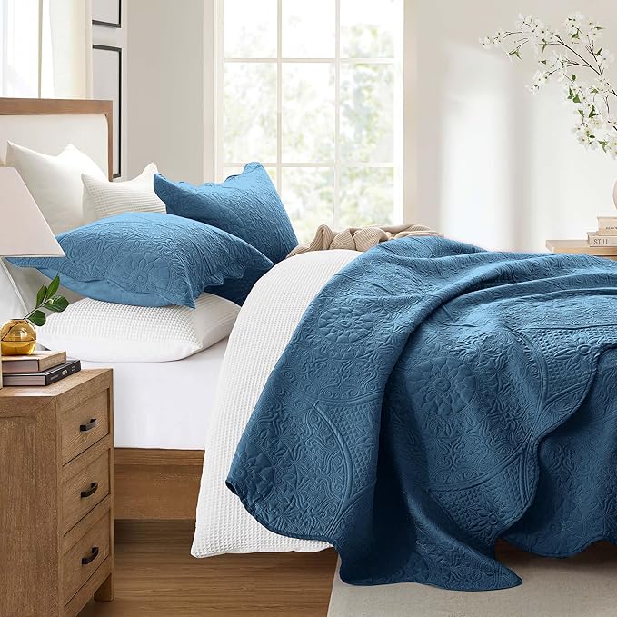 IR Imperial Rooms California King Quilt Bedding Set Size (118"x106") + 2 Pillow Shams (20" x 36"+ 2") - 3 Pcs All Season Reversible Microfiber Coverlet Embossed Floral Quilt Bedspread (Light Blue)