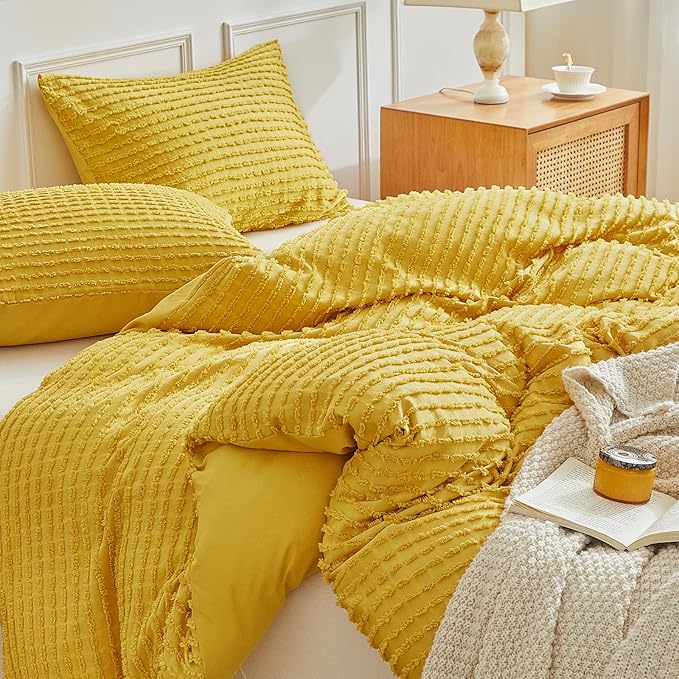 WARMDERN Boho Duvet Cover Set King Size,Yellow Striped Duvet Cover Microfiber Bedding Set,3PCS Ultra Soft Breathable Lightweight Tuft Texture Pattern Duvet Covers with Zipper Closure(Yellow,King)