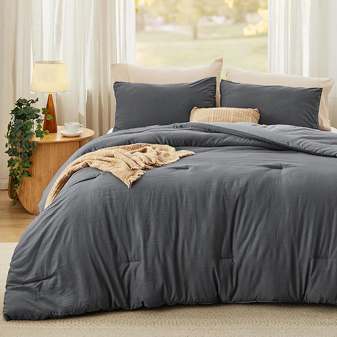 Bedsure California King Comforter Set, Dark Gray Soft Prewashed Bedding for All Seasons, 3 Pieces GentleSoft™ Bed Set, 1 Lightweight Comforter (104"x96") and 2 Pillowcases (20"x36")