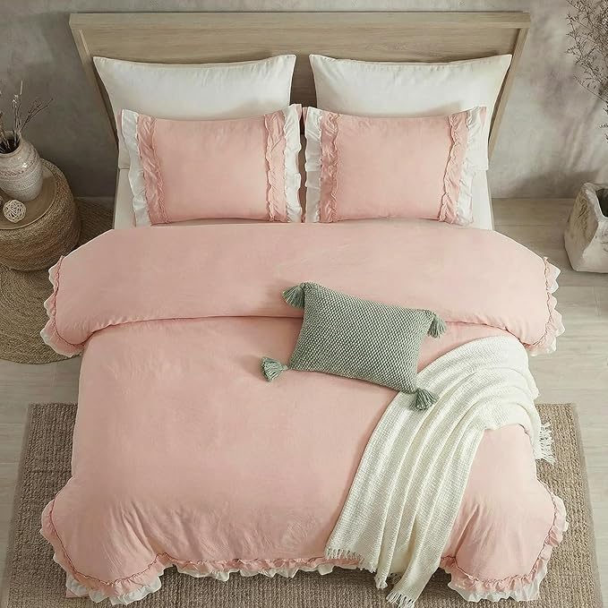 Bedorm Ruffle Duvet Cover Queen Coquette Bedding Ultra Soft Breathable Shabby Chic Bedding Pink Ruffled Duvet Cover Set Cute Comforter Cover