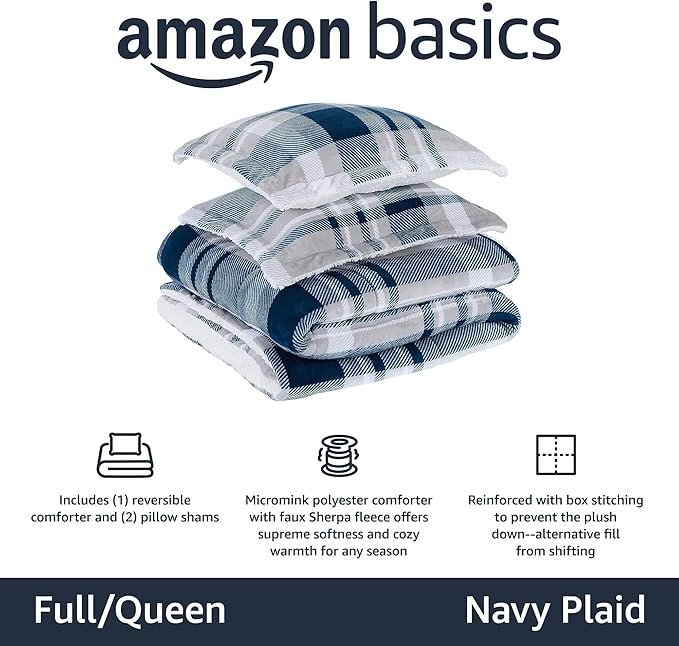 Amazon Basics 3 Piece Bedding Set, Micromink Sherpa, Ultra-Soft, Warm All Season Comforter, Full/Queen, Navy Plaid