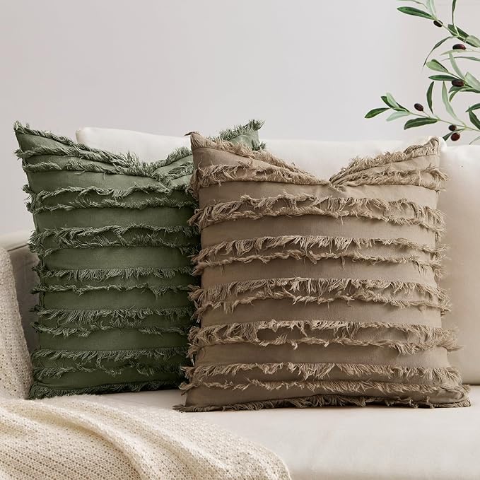 MIULEE Decorative Boho Throw Pillow Covers Set of 2 Khaki Brown Modern Linen Striped Jacquard Pattern Farmhouse Neutral Cushion Covers for Sofa Couch Living Room Bedroom 20x20 Inch Home Decor