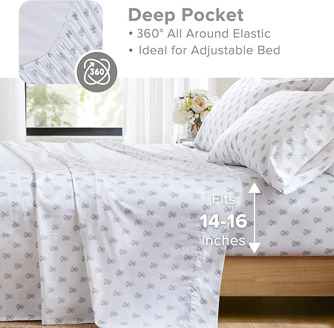 Comfort Spaces 100% Cotton Sheets King, Breathable, Naturally Cool Cotton Sheets, Soft Cotton Bed Sheets with 14" Elastic Pocket Fits up to 16" Mattress, All Seasons Sheet Set, Floral Blue 4 Piece
