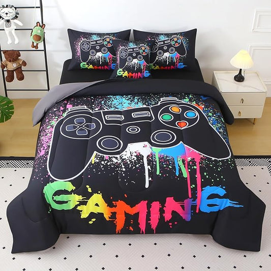 JQinHome Full Gamer Comforter Sets for Boys,6 Piece Bed in A Bag 3D Video Gamer Bedding -All Season Microfiber Gaming Bedding Set for Kids, with Sheet Sets (Black Gaming)