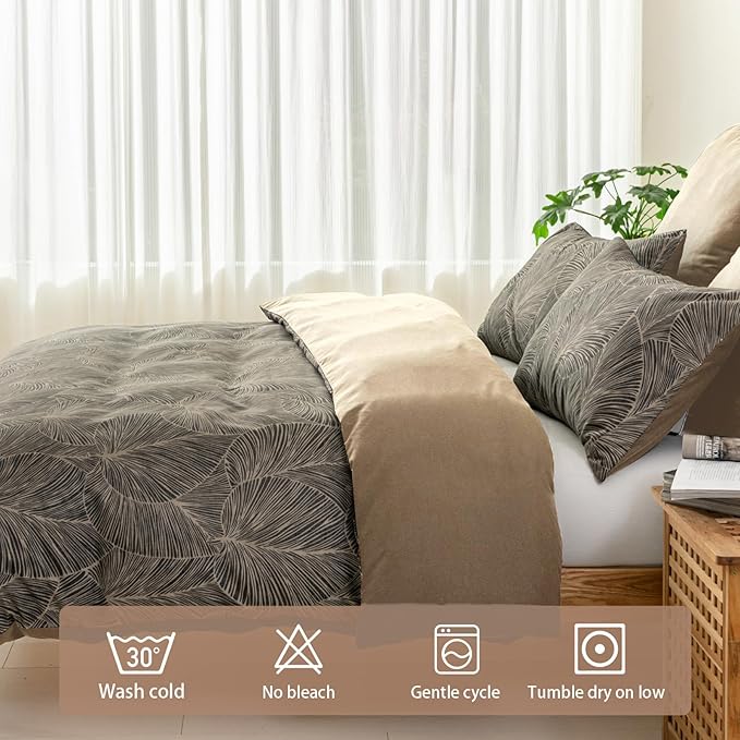 Lekesky King Size Duvet Cover Set, Reversible King Comforter Cover with Tropical Leaves Pattern, Soft 100% Washed Microfiber 3 Pieces Khaki Bedding Set with Zipper and 2 Pillowcases