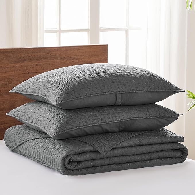 Levtex Home Cross Stitch Reversible Queen Bedspread Set (104x106in) with 2 Pillow Shams (26x20in) - Stitch Texture - Charcoal - Cotton Queen Size Bedspread Set - Lightweight, Soft, Pre-Washed