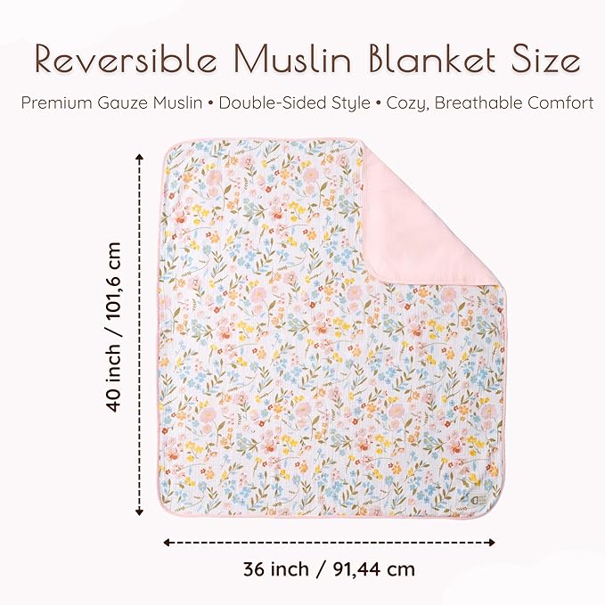 Muslin Baby Blankets for Girls, 40"x36" Toddler Blanket, Reversible Soft Baby Blankets for Girls, 100% Cotton Toddler Bed Blanket Oeko-TEX Designed in France - Flower + Pink Nursery Blanket